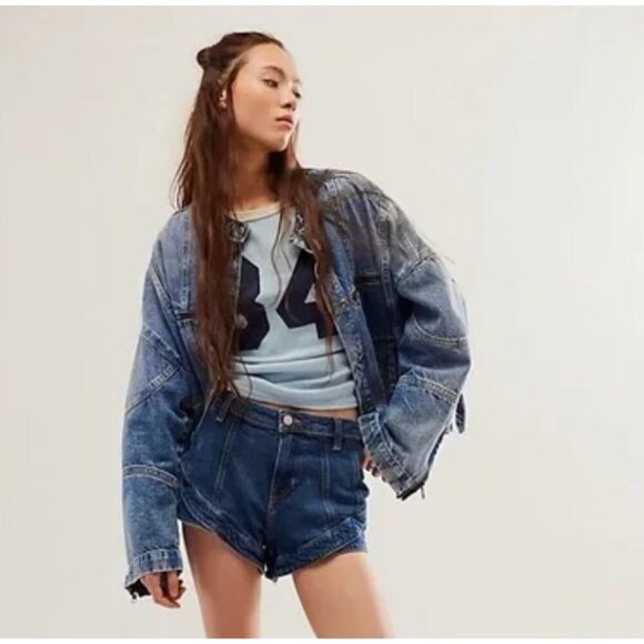 Free People Jackets & Blazers - Free People We The Free Dia Blue Denim Moto Jacket Slouchy Oversized NWOT med